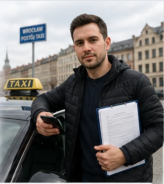 Kierowca z teczką dokumentów i telefonem przy taksówce na wrocławskim postoju