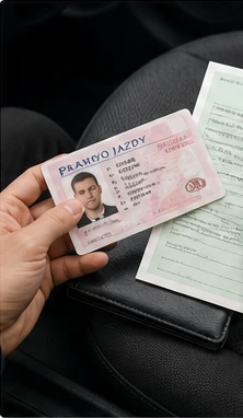 Kierowca trzyma prawo jazdy i zaświadczenie lekarskie w aucie