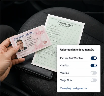 Kierowca trzyma prawo jazdy i zaświadczenie lekarskie w aucie