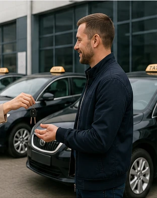 Kierowca odbiera kluczyki do auta z kogutem taxi na parkingu floty